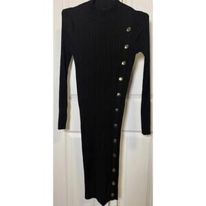 Olive + Oak Dress Womens Small Black Ribbed Knit Long Sleeve Button Bodycon